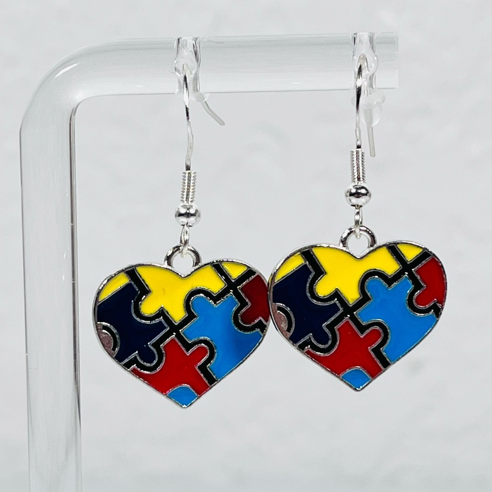 Autism Awareness Puzzle Heart Earrings Colorful Dangle Cute Gift